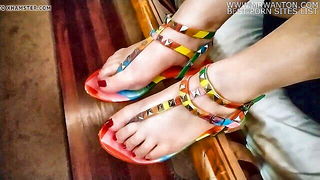 Brunette MILF red toenails sandals naked girls scene in HD