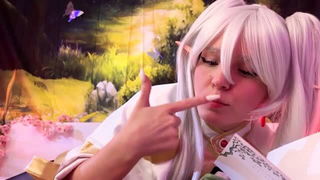 Frieren cosplay sloppy blowjob elf outfit naked girls scene in HD